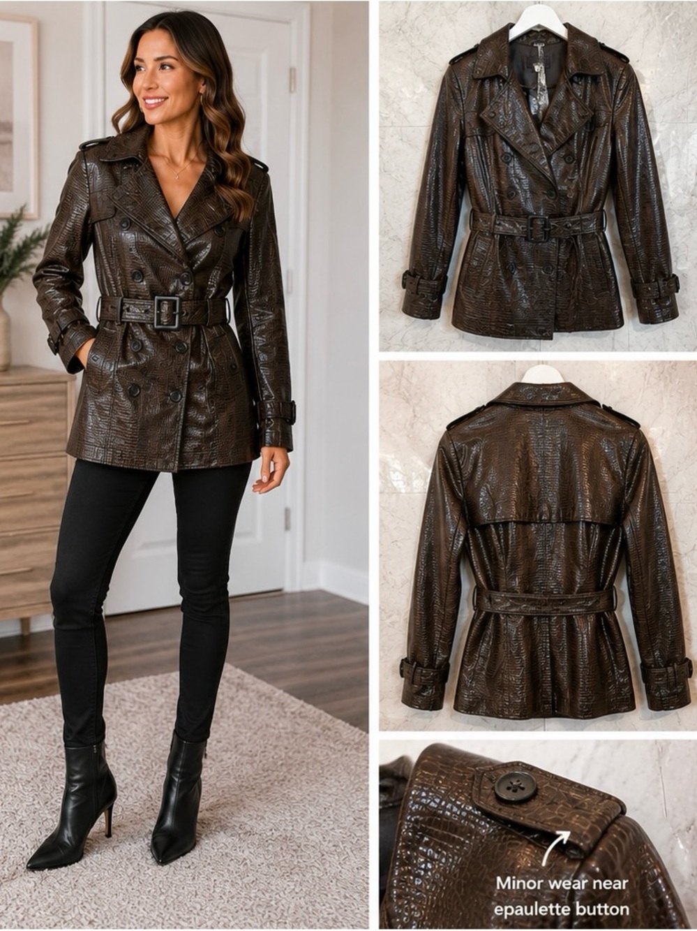Zara Basic Y2K Reptile Embossed Belted Trench Jacket Brown L